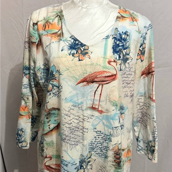 Chico's Tops - Chico's Tropical V-Neck Top in Blue and White